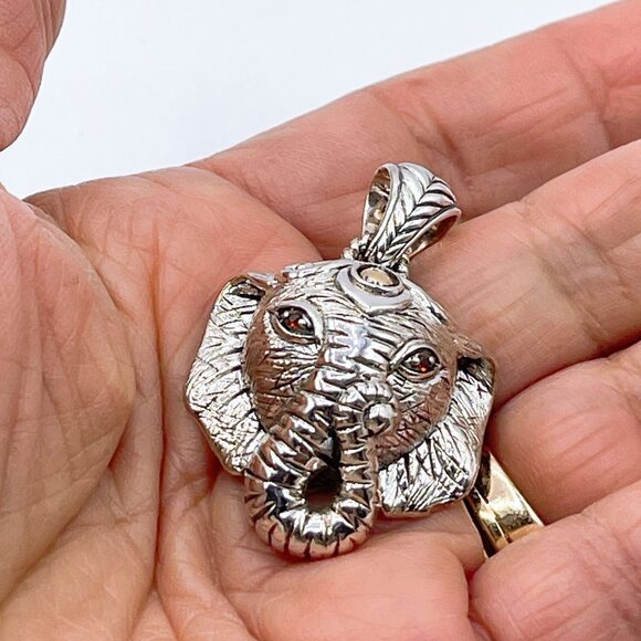 John Hardy (Jai) Sterling Silver & 14K Gold Elephant Pendant With Garnet Eyes In - Picture 2 of 7